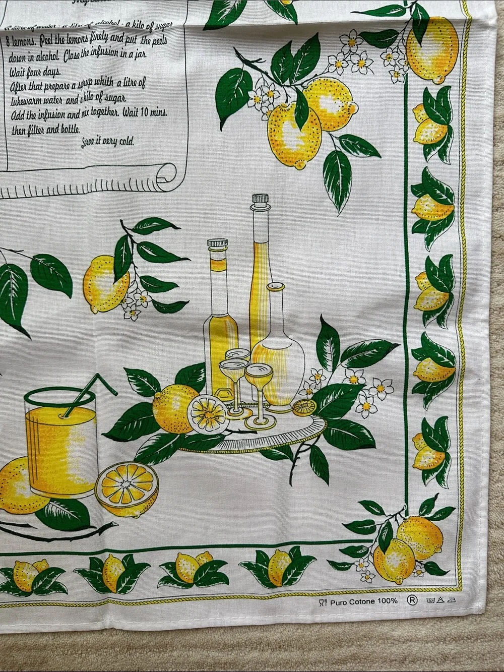 NWOT Lemon Tea Towel Italy Cotton LIMONCELLO MonveniR 22” X 34” Vintage Italian